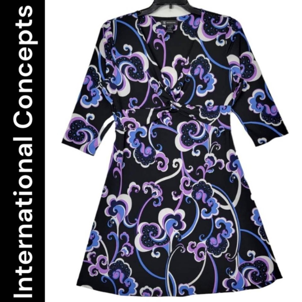 INC International Concepts Black Midi Dress with Purple and Blue Swirl Print